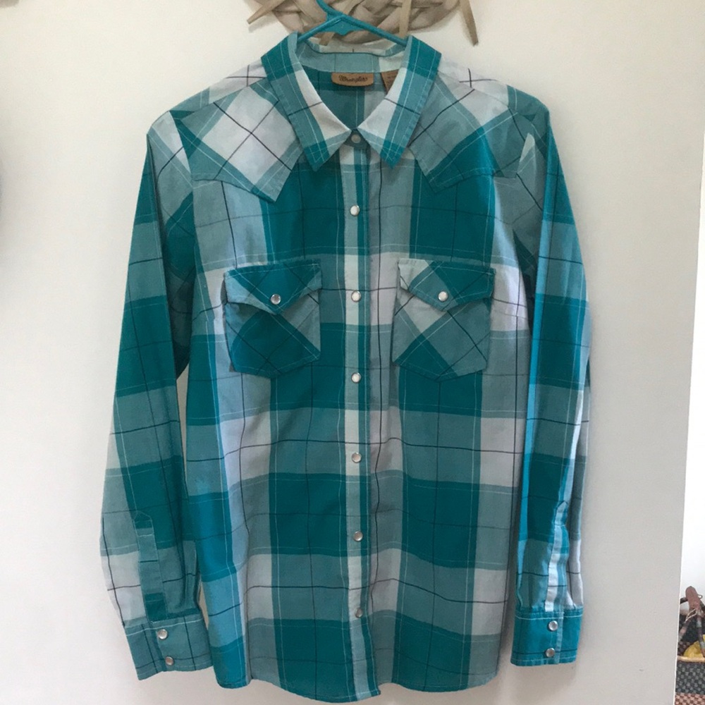 Wrangler button-down teal plaid women’s M